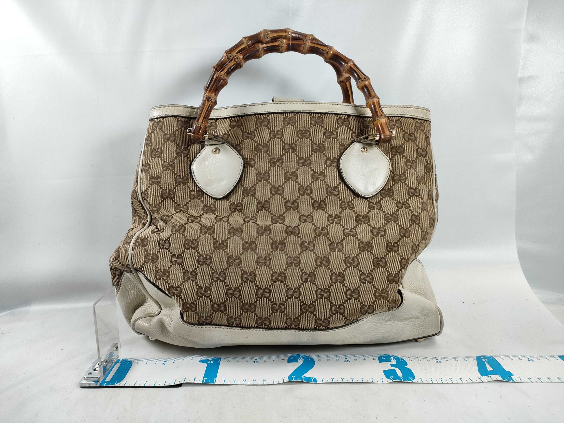 GUCCI Bamboo ID - Gucci GG Canvas Bamboo Canvas and Leather Tote Bag Beige and White 282317 Tote Bag