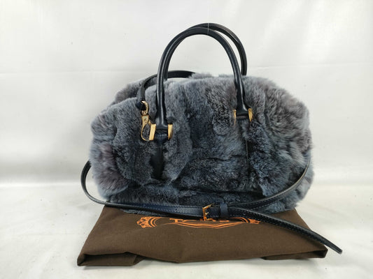 TODS Leather x Fur 2-Way Handbag Blue Handbag