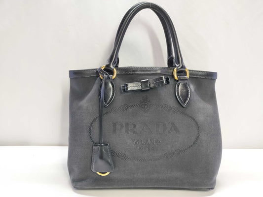 PRADA Prada Logo Jacquard Canvas and Leather 2-Way Handbag, Black, 1BA172