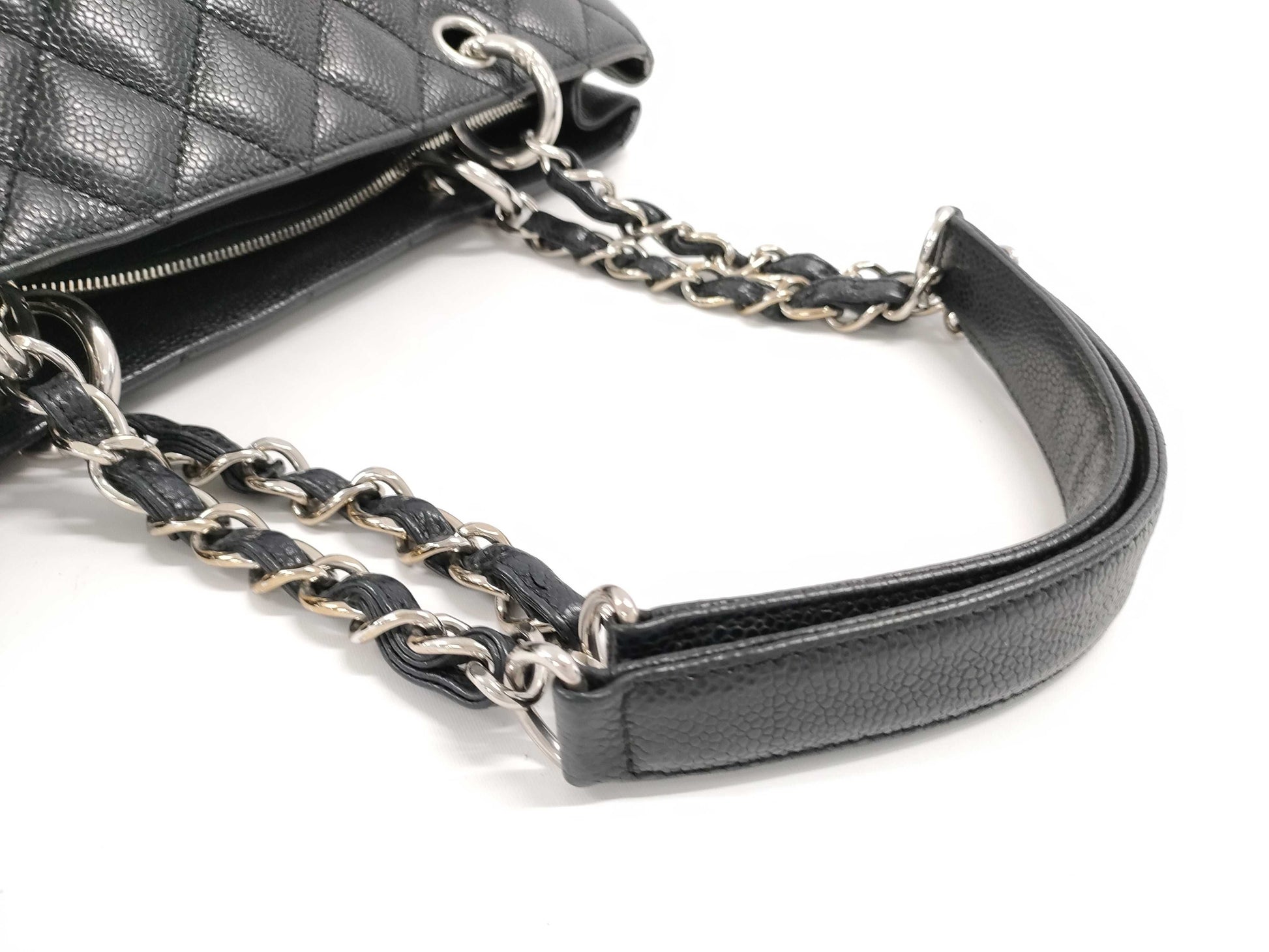 CHANEL Matelasse Caviar Leather Chain Tote Bag, Black with Silver Hardware, 12829619, 12th Series