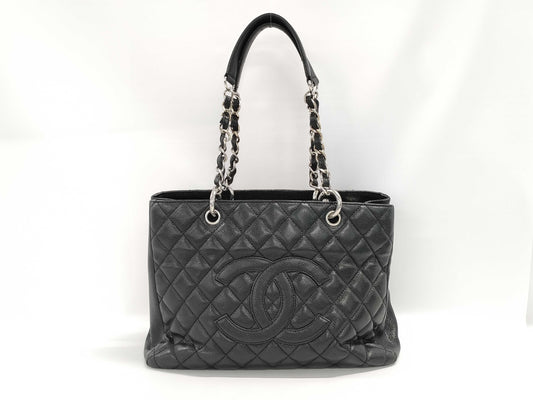 CHANEL Matelasse Caviar Leather Chain Tote Bag, Black with Silver Hardware, 12829619, 12th Series