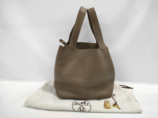 HERMES Picotin Lock 22MM Taurillon Clemence Etoupe Leather Handbag with Gold Hardware, Z Stamp, Authentically Repaired