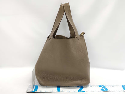 HERMES Picotin Lock 22MM Taurillon Clemence Etoupe Leather Handbag with Gold Hardware, Z Stamp, Authentically Repaired