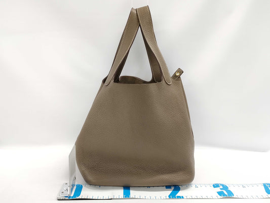 HERMES Picotin Lock 22MM Taurillon Clemence Etoupe Leather Handbag with Gold Hardware, Z Stamp, Authentically Repaired