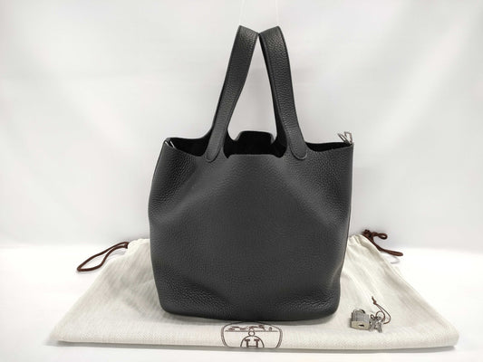 HERMES Picotin Lock MM Handbag in Taurillon with Sterling Silver Hardware, Black, B Stamp