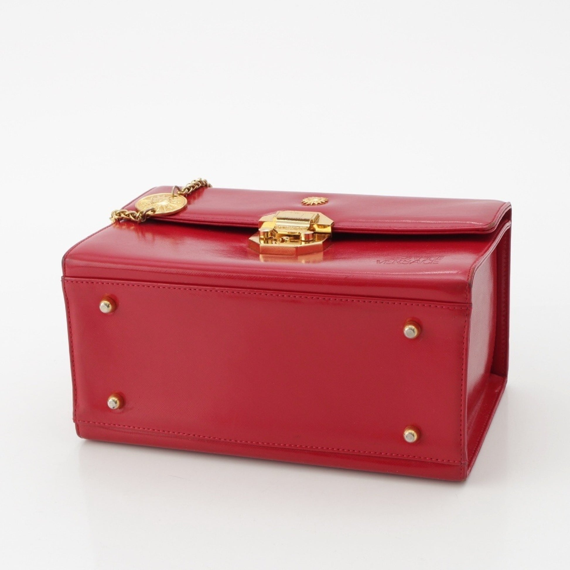 VERSACE Vintage Leather Top Handle Charm Vanity Bag in Red / Outer Box, Dust Bag, Charm, Other Accessories