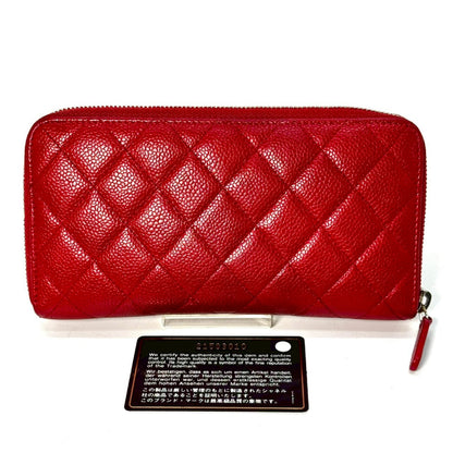 CHANEL Matelasse Caviar Leather Coco Mark Round Zip Long Wallet Red 21583910 with Guarantee Card