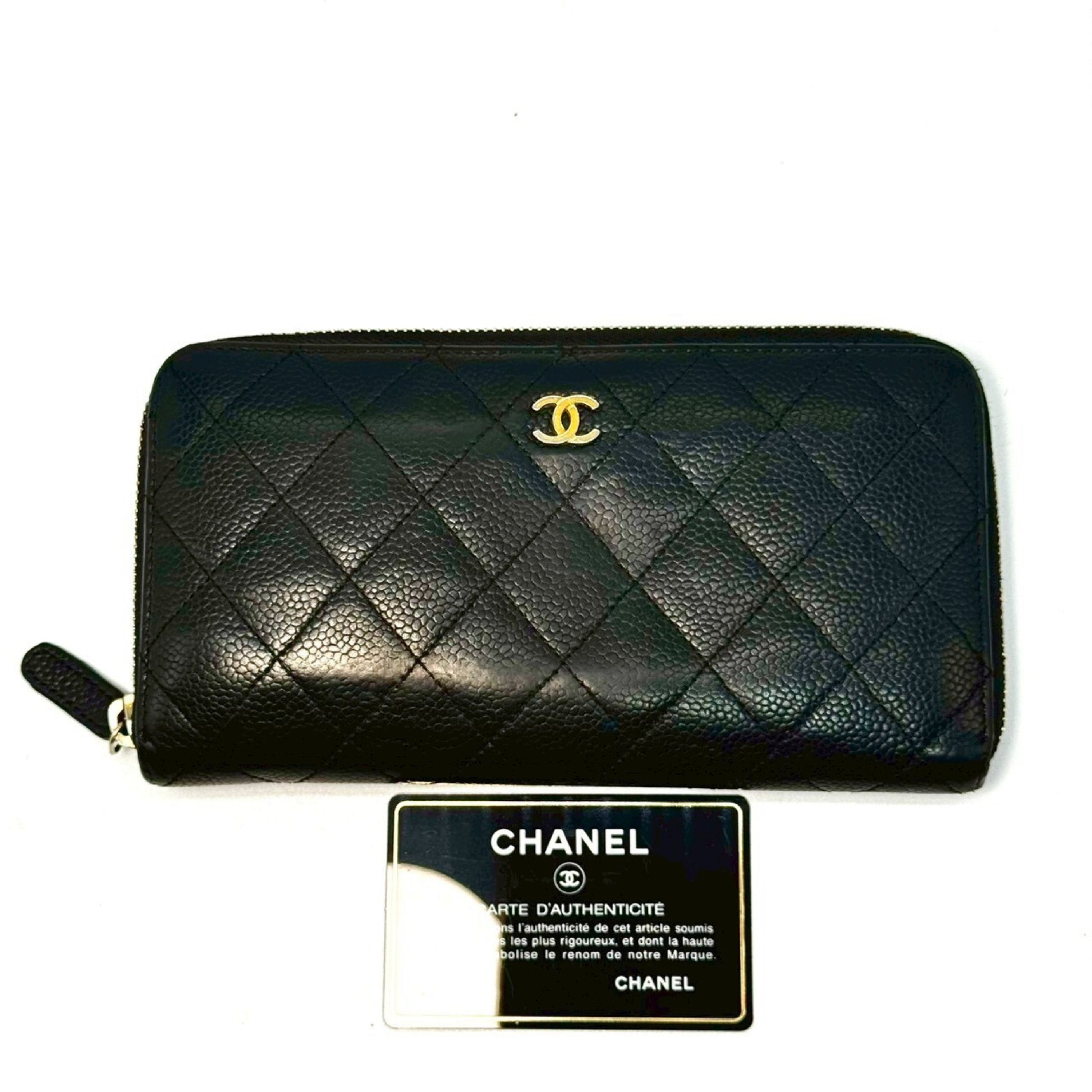 CHANEL Matelasse Caviar Leather Coco Mark Round Zip Long Wallet Black 19550138 with Guarantee Card