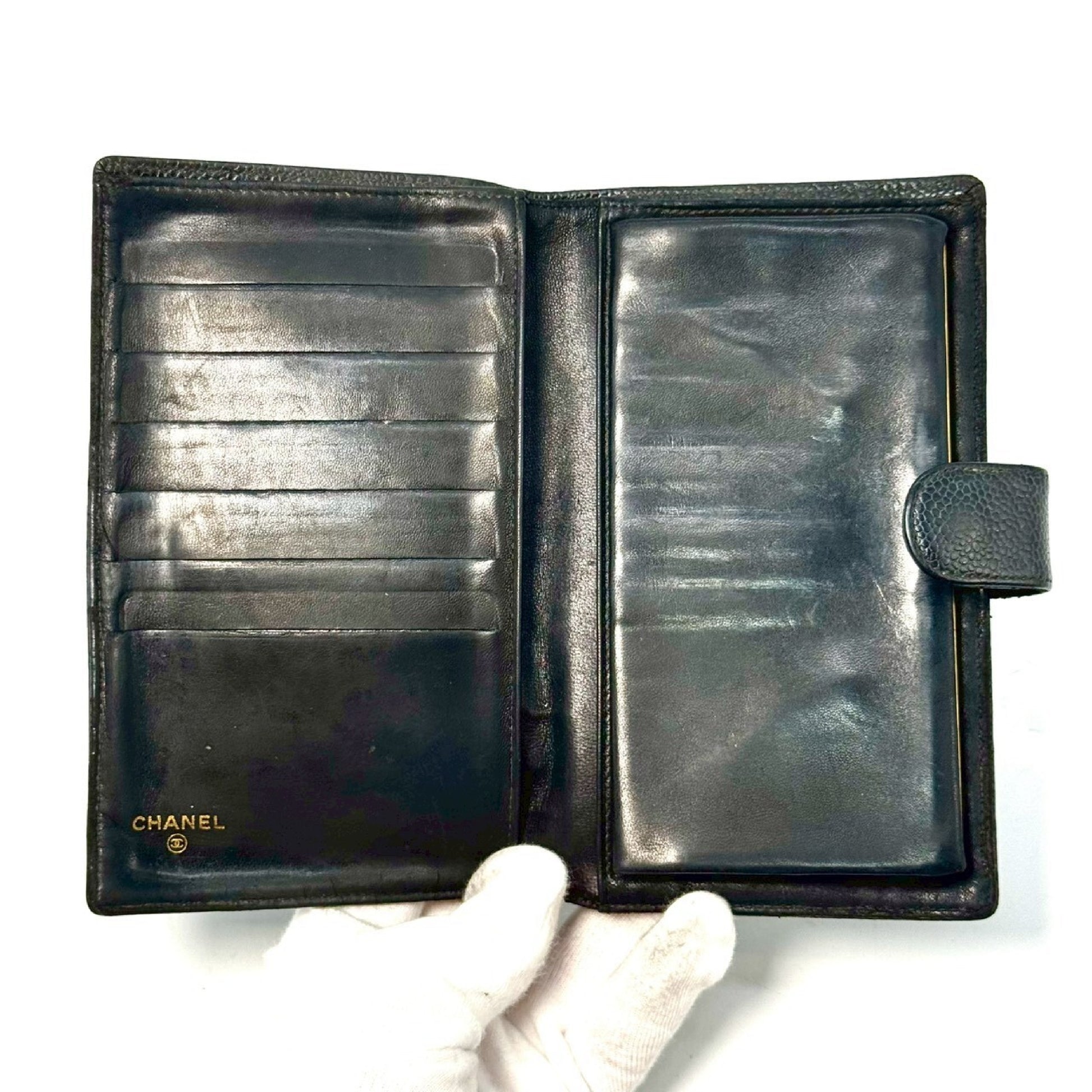 CHANEL Coco Mark Caviar Leather Bi-fold Long Wallet Black 4018957 Wallet