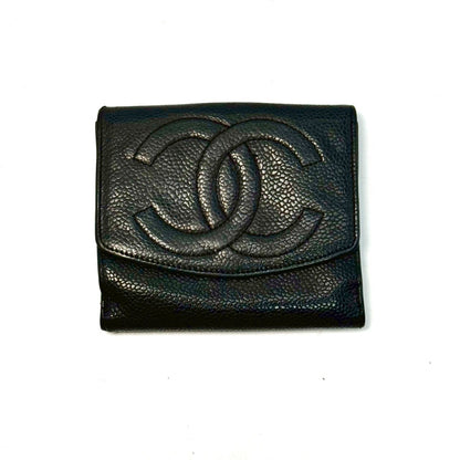 CHANEL Coco Mark Caviar Skin Compact Wallet, Black, No Serial Seal