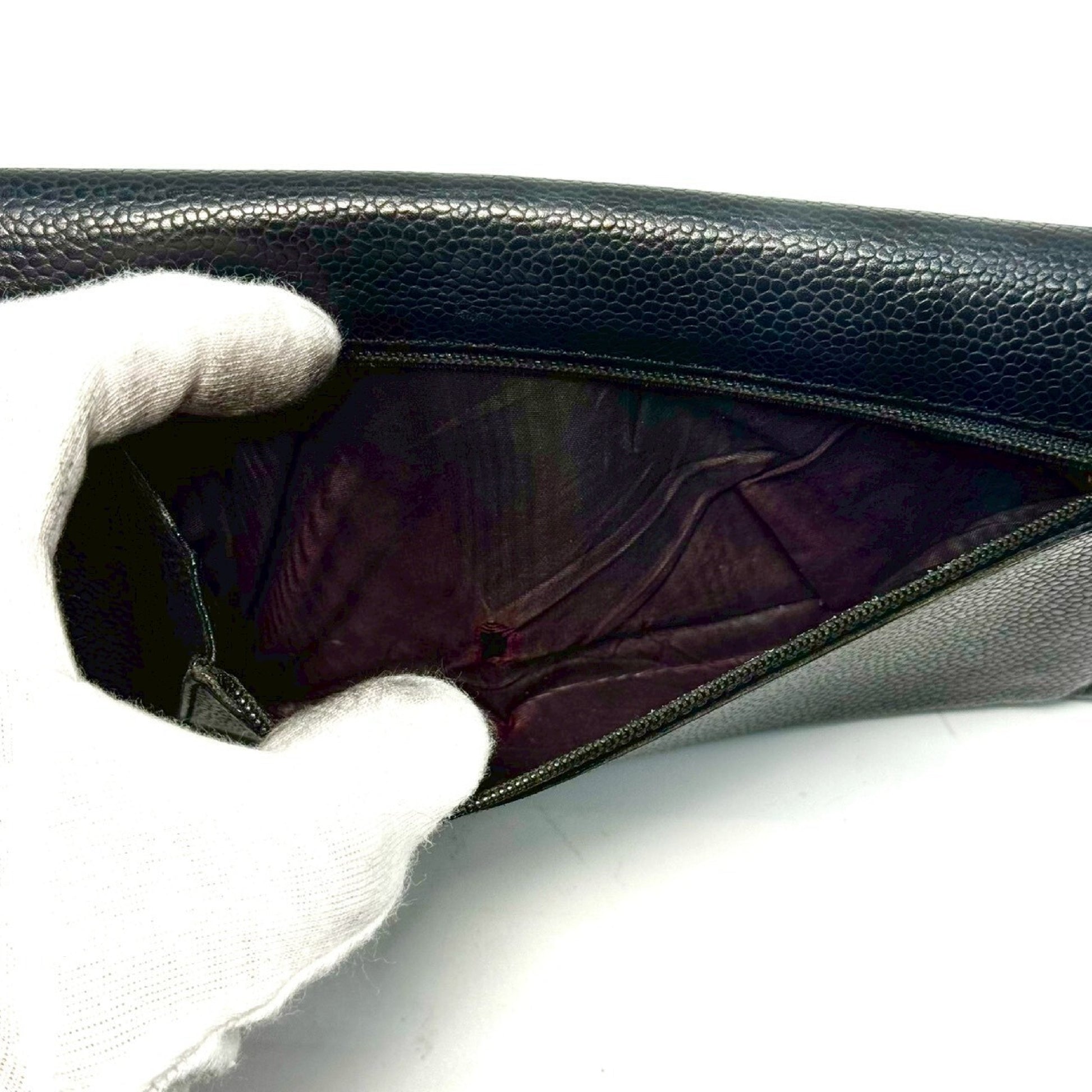 CHANEL Caviar Skin Coco Mark Tri-fold Long Wallet Black 