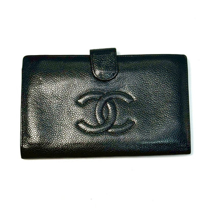CHANEL Coco Mark Caviar Leather Bi-fold Long Wallet Black 7441826 Wallet