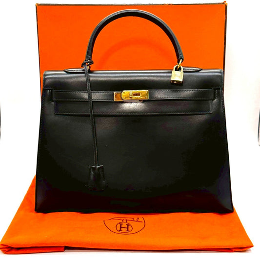 HERMES Kelly Kelly Bag, Black Box Calf Leather Handbag