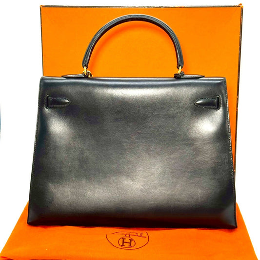 HERMES Kelly Kelly Bag, Black Box Calf Leather Handbag