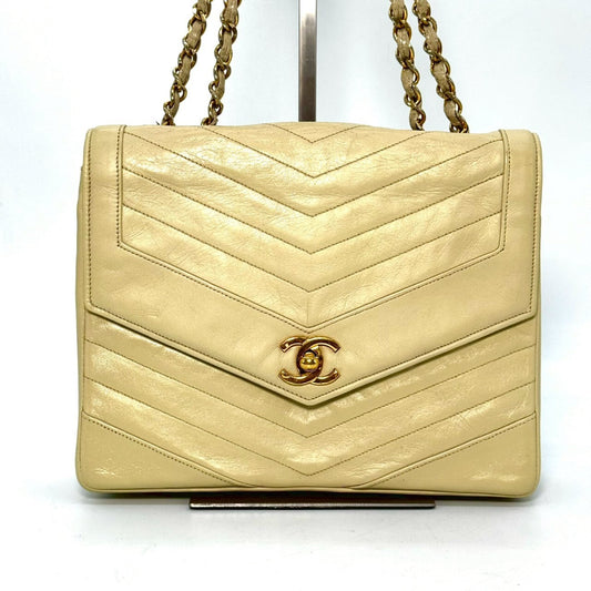 CHANEL V-Stitch Coco Mark Single Flap Chain Shoulder Bag Beige No Serial Seal Shoulder Bag