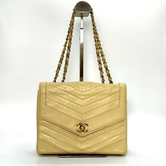 CHANEL V-Stitch Coco Mark Single Flap Chain Shoulder Bag Beige No Serial Seal Shoulder Bag