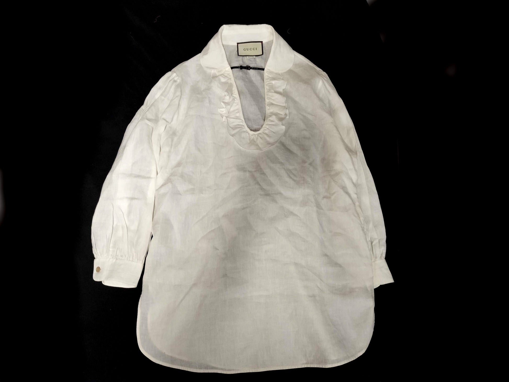 GUCCI GG Silver Hardware Linen Blouse with Ruffle Top