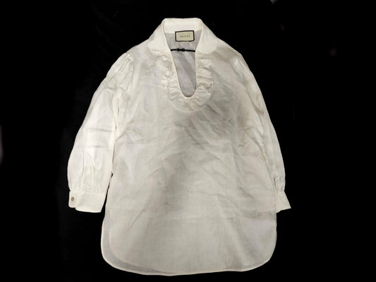 GUCCI GG Silver Hardware Linen Blouse with Ruffle Top