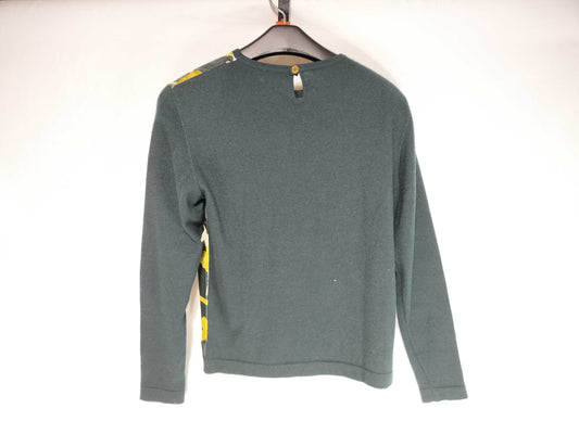 HERMES Ballerina Print ◎ HERMES Twill, Cashmere, Silk Knit Sweater with Serie Buttons and Gold Buttons, Ballet Scarf Pattern, Black, Yellow, Vintage Top