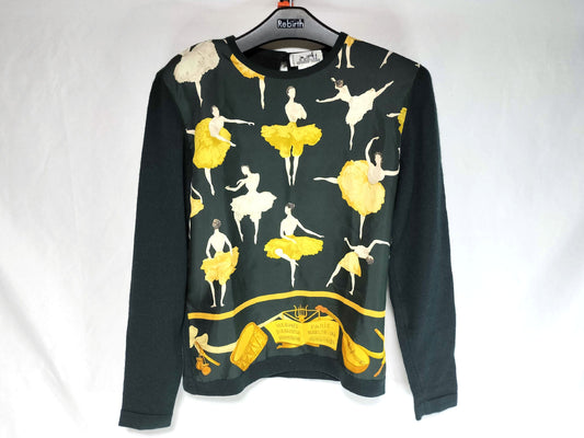 HERMES Ballerina Print ◎ HERMES Twill, Cashmere, Silk Knit Sweater with Serie Buttons and Gold Buttons, Ballet Scarf Pattern, Black, Yellow, Vintage Top