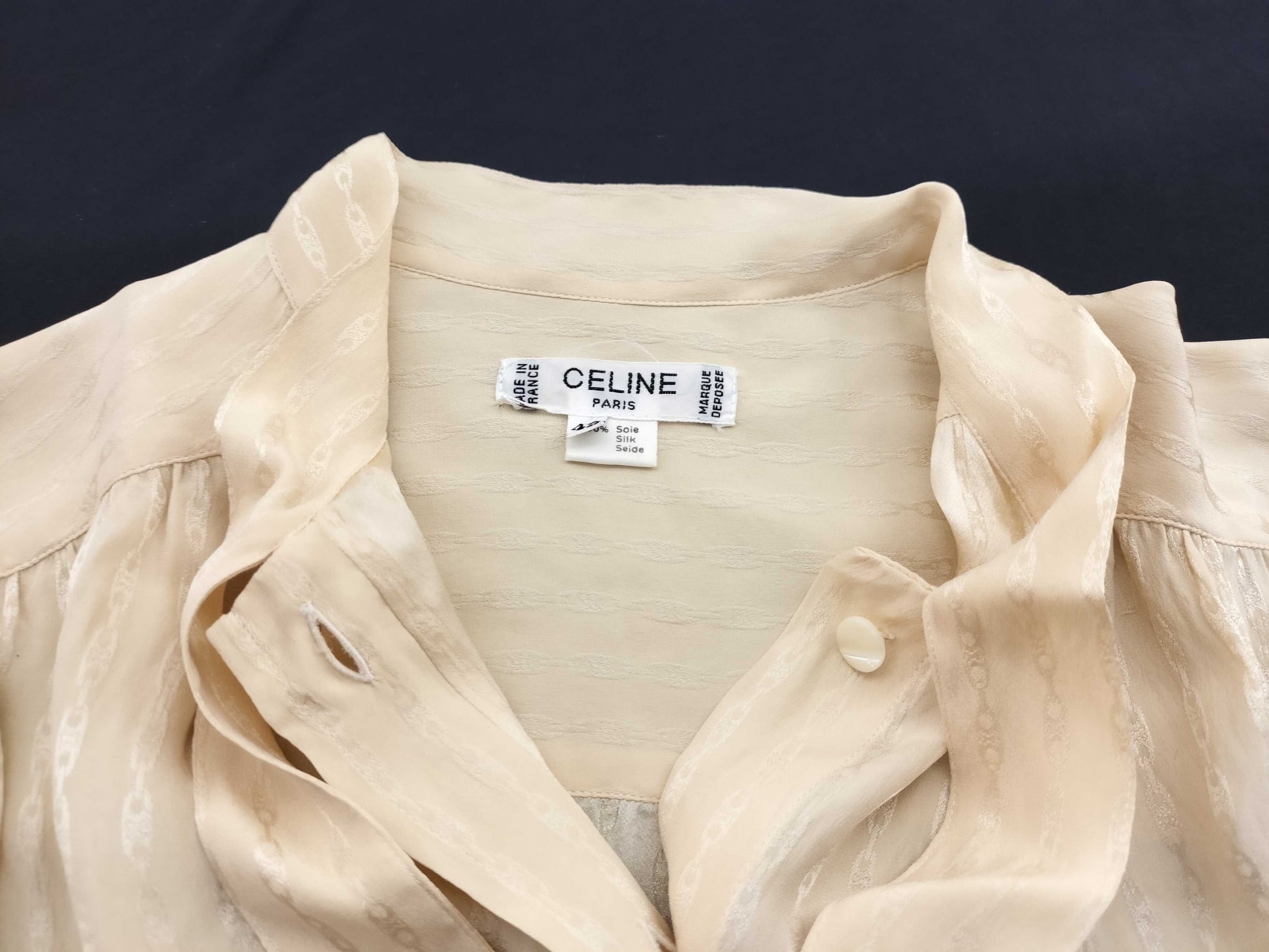 CELINE Silk Chain Print Bow Tie Blouse Shirt