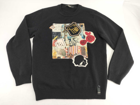 FENDI Men's Karl Lagerfeld Black Knit Top with Embroidered Logo and Current Tag