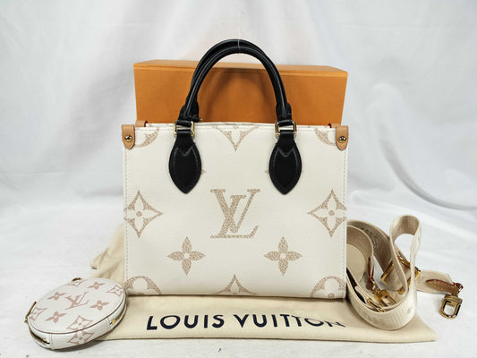 LOUIS VUITTON LV Monogram Dune On the Go PM Handbag, 2-Way, M24533, RFID Enabled, Shoulder Strap and Pouch Included, White/Black