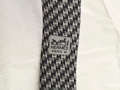 HERMES HERMES Silk H Logo All-Over Print Tie White/Black/Gray Tie