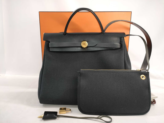 HERMES Airbag Zip 31PM Toile Officier Vache Hunter Black GP Z Stamp Handbag