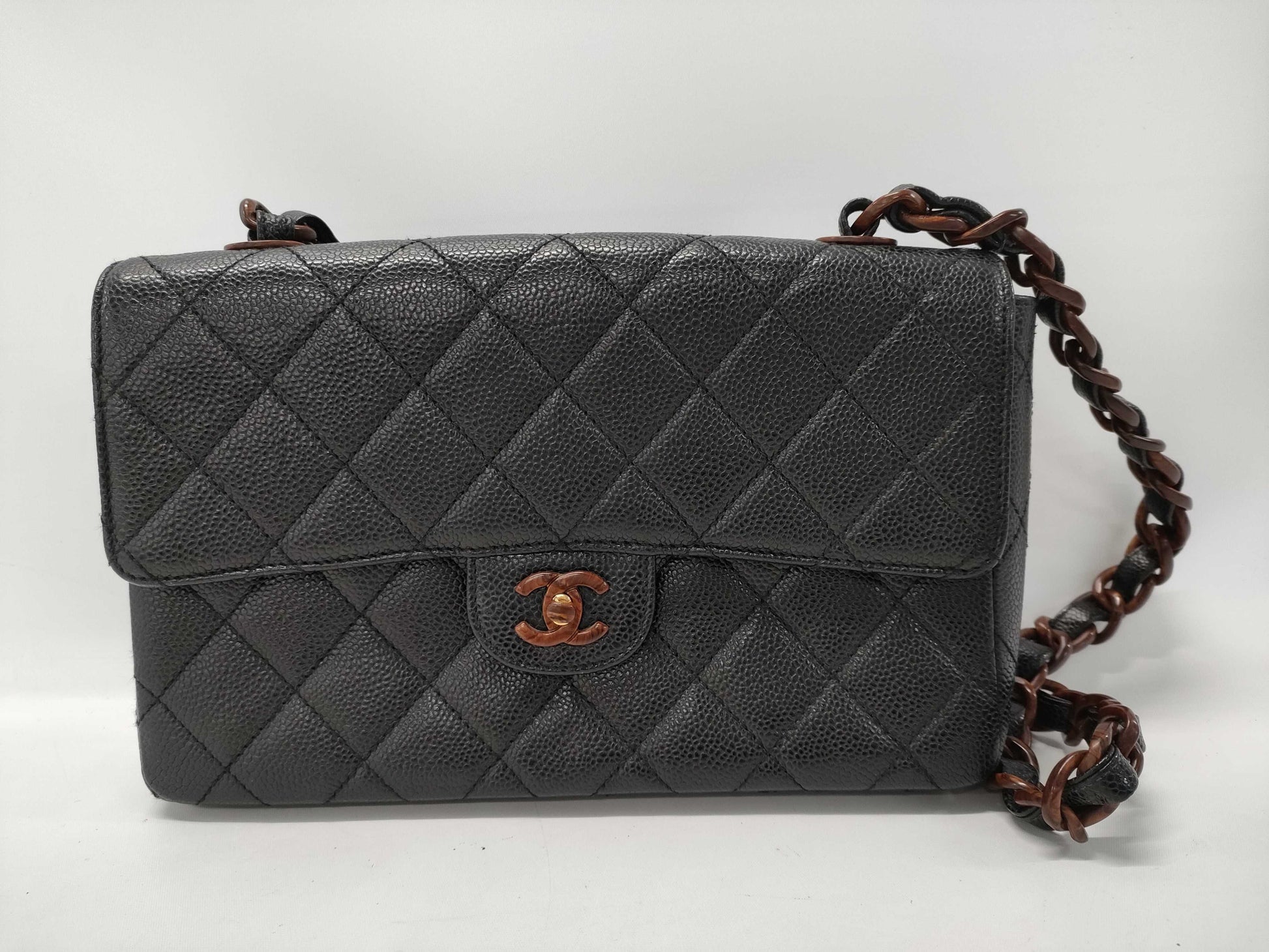 CHANEL Tortoiseshell Chain Shoulder Bag, Caviar Black, GP