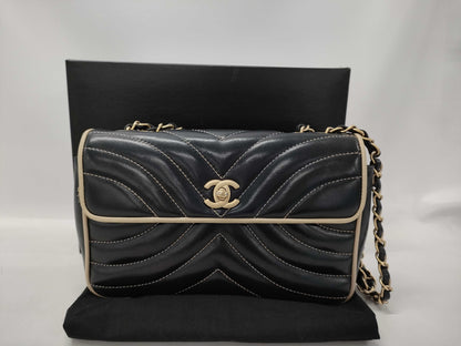 CHANEL Chain Shoulder Bag with V-Stitching, Lambskin, Black and Beige, GP Shoulder Bag
