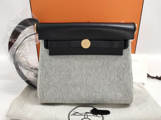 HERMES Airbag Zip 20 Mini Shoulder Bag in Ecru/Noir, Black with Gold Hardware and GP K Stamp