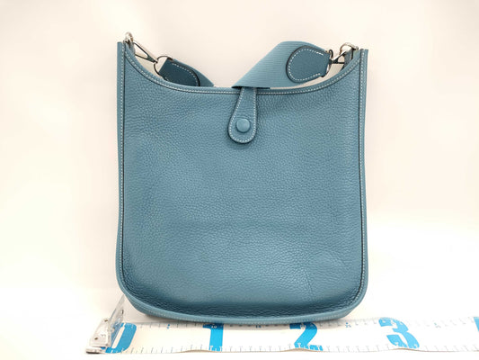 HERMES Evelyne 29 I PM Blue Jean Shoulder Bag with Silver Hardware and Stamped Silver. Adjustable Strap.