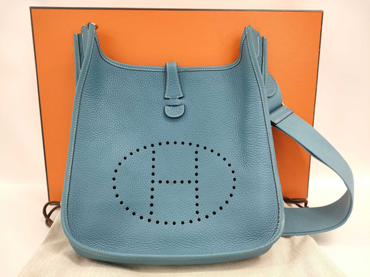 HERMES Evelyne 29 I PM Blue Jean Shoulder Bag with Silver Hardware and Stamped Silver. Adjustable Strap.