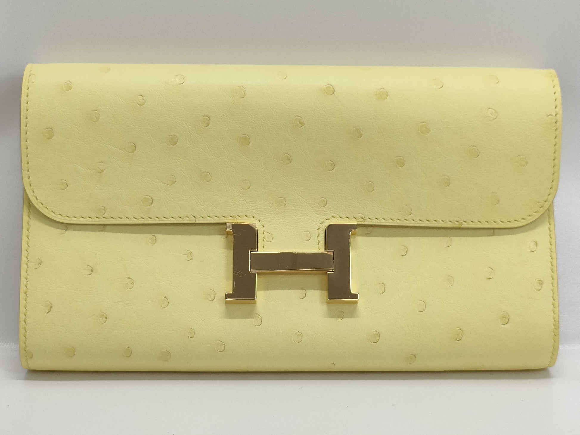 HERMES Constance To-Go Ostrich Limoncello Shoulder Bag with Gold Hardware and Double Stamp