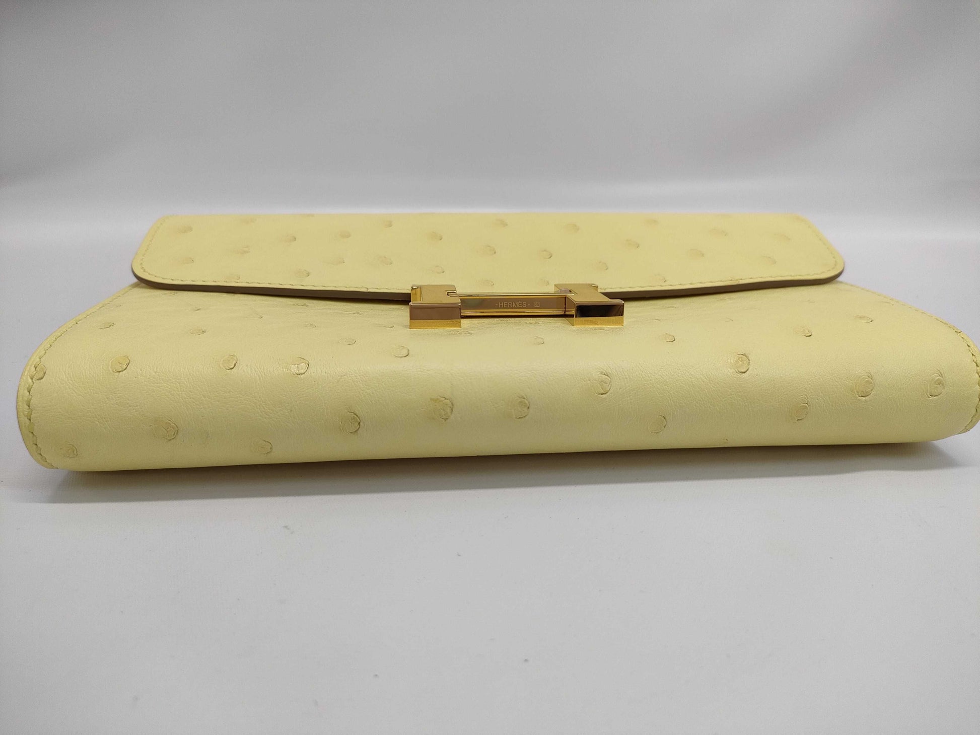 HERMES Constance To-Go Ostrich Limoncello Shoulder Bag with Gold Hardware and Double Stamp