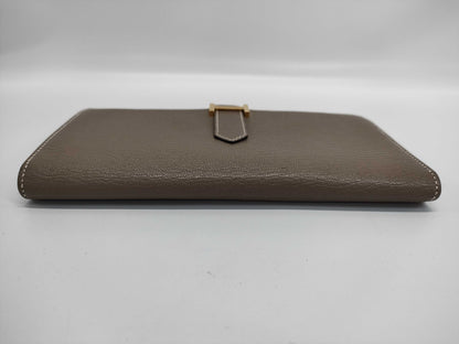 HERMES Bearn Soufflet Etoupe Wallet with Gold Hardware and GP U Stamp