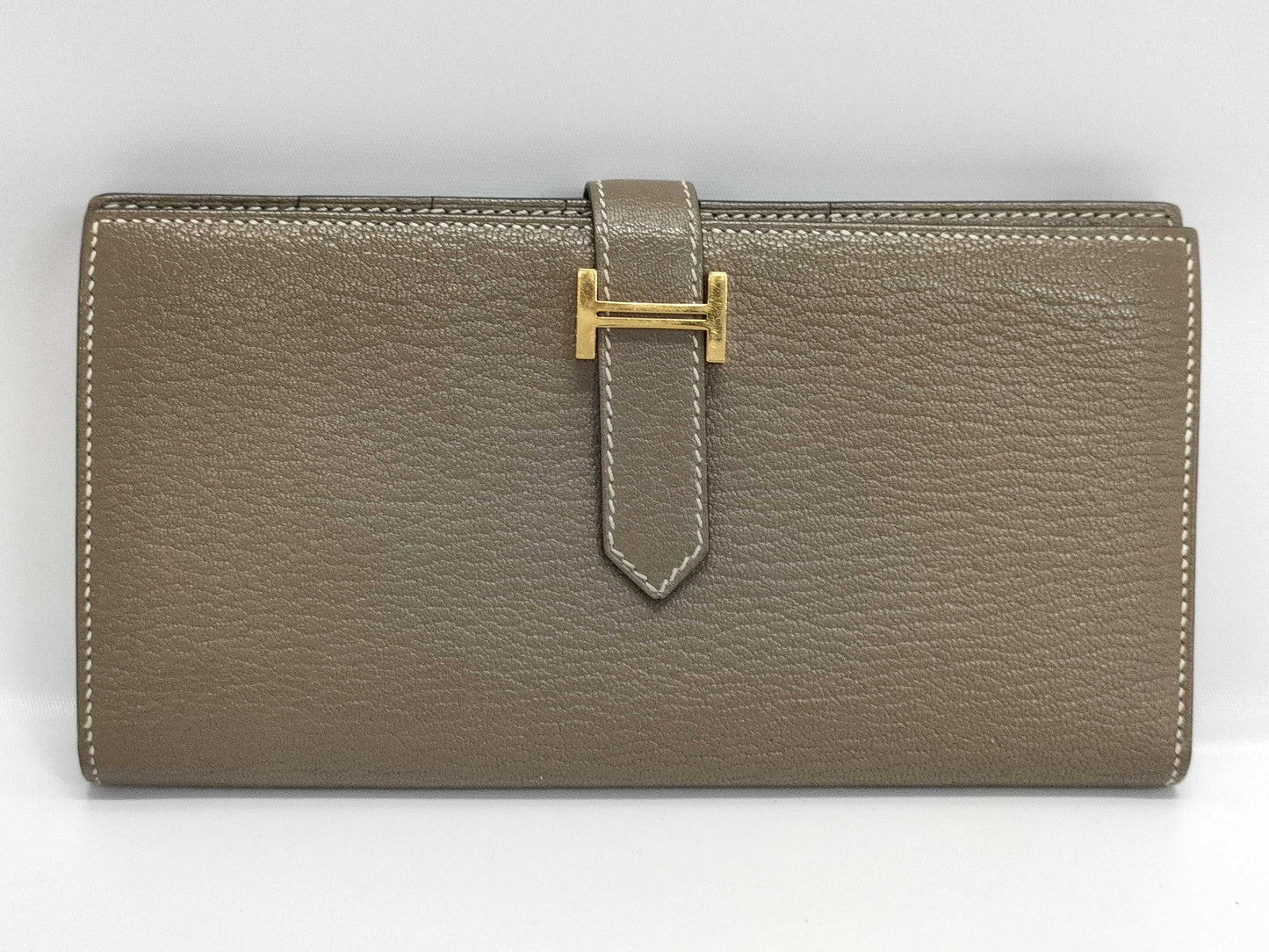 HERMES Bearn Soufflet Etoupe Wallet with Gold Hardware and GP U Stamp