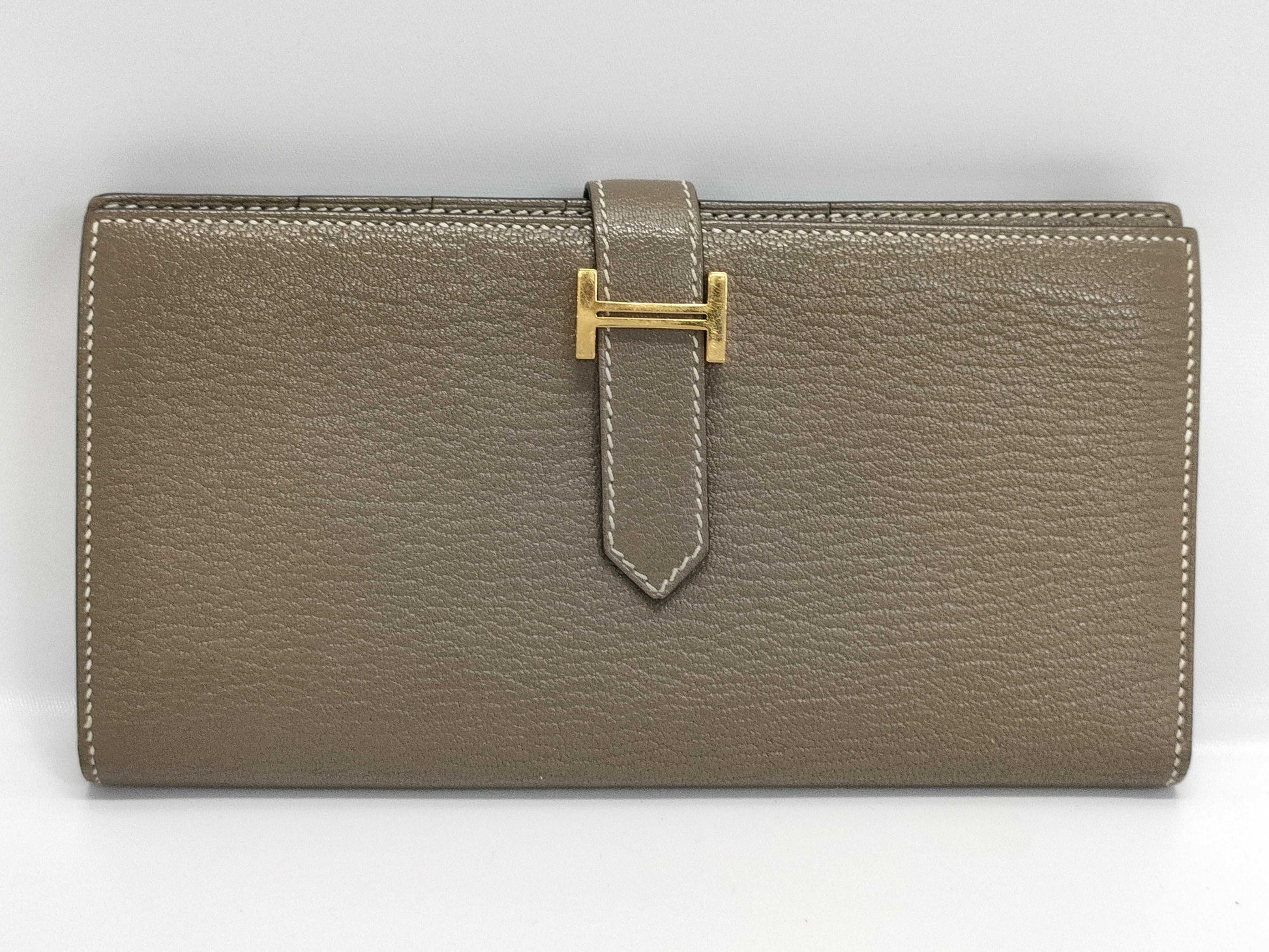 HERMES Bearn Soufflet Etoupe Wallet with Gold Hardware and GP U Stamp