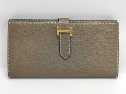 HERMES Bearn Soufflet Etoupe Wallet with Gold Hardware and GP U Stamp