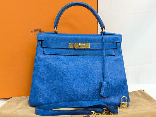 HERMES Kelly 28 Couchvel Blue France Handbag with B Stamp