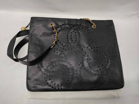 CHANEL Triple Coco Punching Tote Bag Caviar Skin Tote Bag
