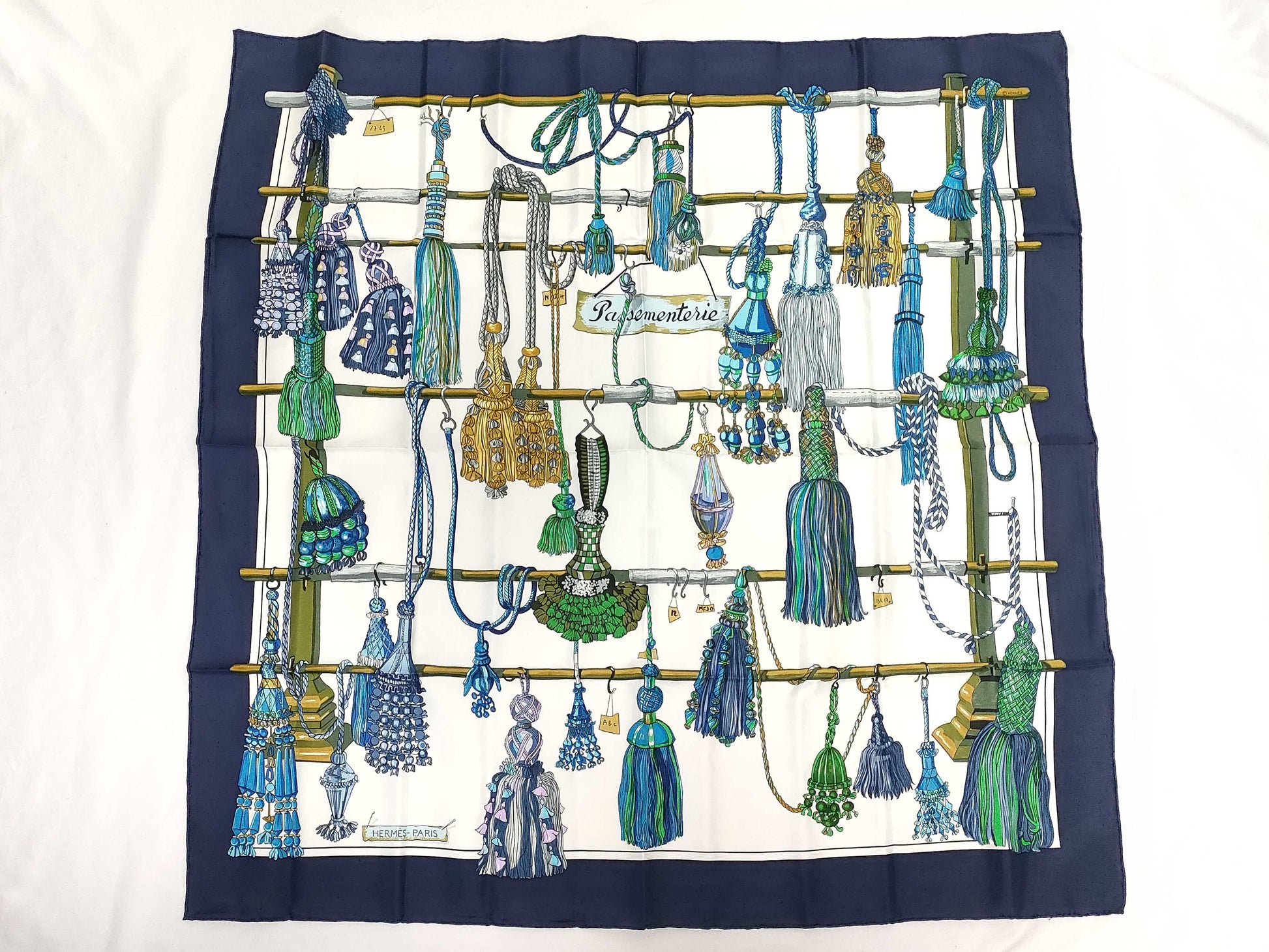 HERMES Carre 90 Pasementerie Scarf with String Decoration and Tag