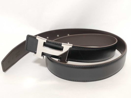 HERMES Constance H Belt, Box Calf, Black/Dark Brown, #85