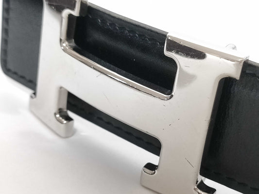 HERMES Constance H Belt, Box Calf, Black/Dark Brown, #85