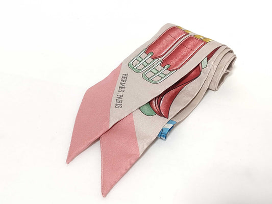 HERMES Twilly "Jumping" 100% Silk Scarf in Gray/Pink/Multicolor
