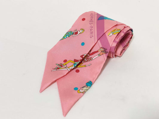 HERMES Twilly Ex-Libris Parisienne 100% Silk Scarf Pink/Multicolor
