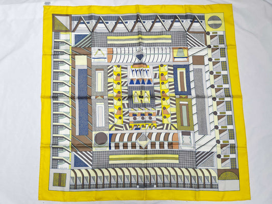HERMES Carré 90 Garden of Shapes 100% Silk Scarf Yellow/Multicolor