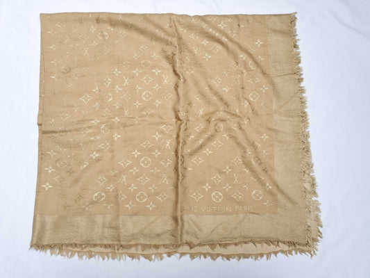 LOUIS VUITTON LOUIS VUITTON Monogram Louis Vuitton Shawl Monogram 60% Silk 40% Wool Beige Gold Scarf