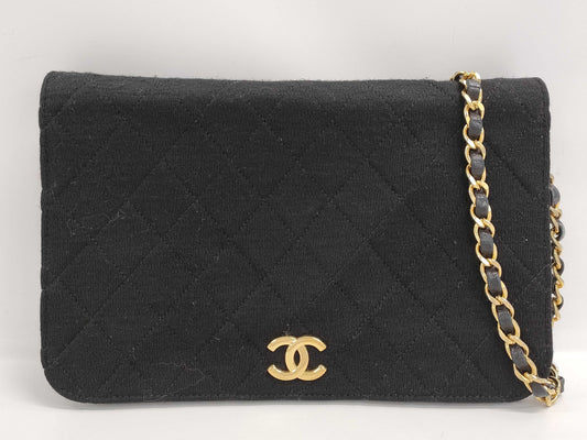 CHANEL Matelasse Chain Shoulder Bag in Black Cotton